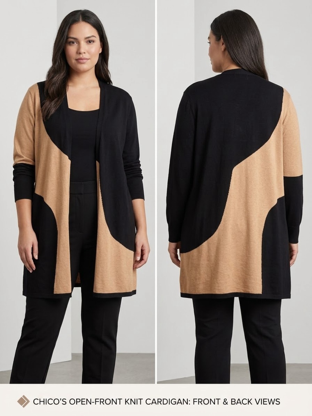 Chico's Black and Camel Open-Front Colorblock Career Office Cardigan SZ 4 (XXL)